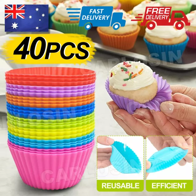 40PCS Round Cup Cake Silicone Baking Mould Cupcake Case DIY Bake Mold Muffin AU