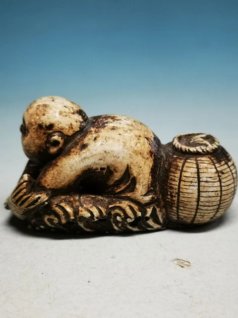 OLD CHINESE YELLOW STONE HAND CARVED Children and Fish STATUE B04