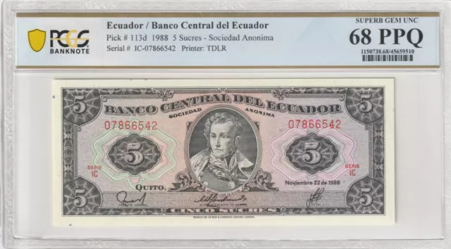 Ecuador 1988 5 Sucres PCGS Certified Banknote UNC 68 PPQ Pick 113d