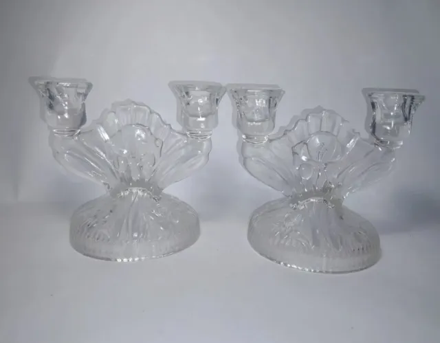 Jeannette Depression Glass Clear Iris Candle Holder Candlestick Set Of 2