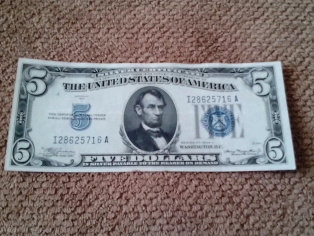 1934 Series A $5 Five Dollar Silver Certificate Banknote, Crisp,  Au+, Blue Seal