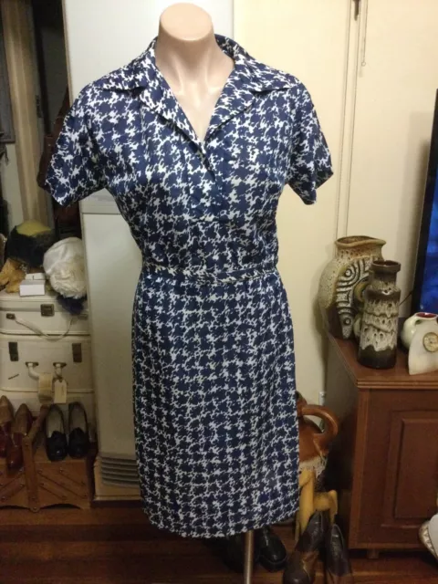 Vintage 50’s 60’s LUCAS NYALOC blue & White Street Dress Fit & Flare Size 10-12