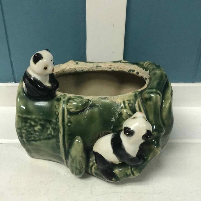 Lucky Bamboo Planter With Panda Bears Signed B-572 CAI