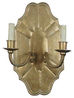 Vintage French Inspired Brass Two Light Candle Wall Sconce Scalloped Gold 18"