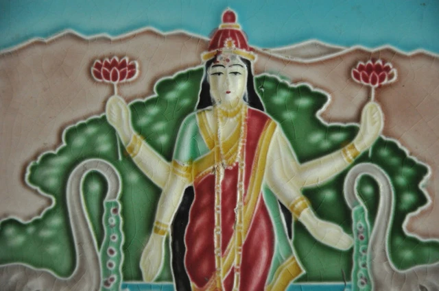 Vintage M.S Mark Goddess Laxmi Picture Ceramic Tiles. Japan 3