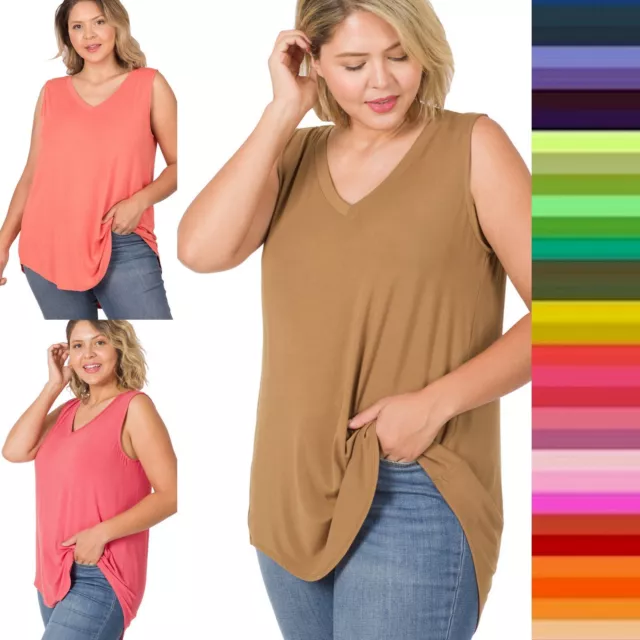 1X 2X 3X V-Neck Sleeveless Luxe Rayon Tank Top Soft Stretch Flowy Tunic Zenana