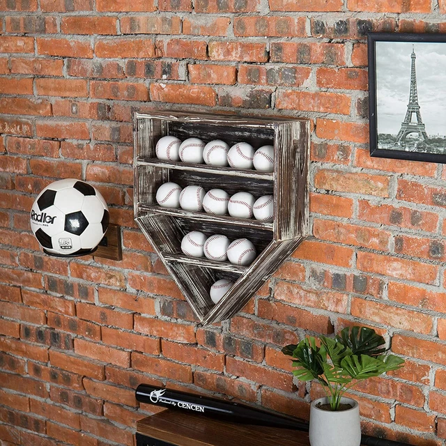 Wall Mounted Torched Wood Baseball Display Case, Wall Hanging Baseball Rack