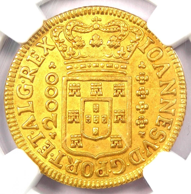 1715 Brazil Gold Joao V 2000 Reis Coin 2000R - Certified NGC AU58 - Rare!