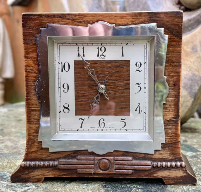 Art Deco Enfield Mechanical Mantle Clock. Oak & Chrome. 2