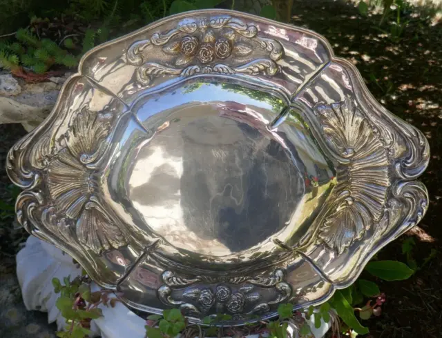 Mexico Sterling Repousse w/ Aztec Rose Motif Lg. Wide Rimmed Shallow Dish / Tray