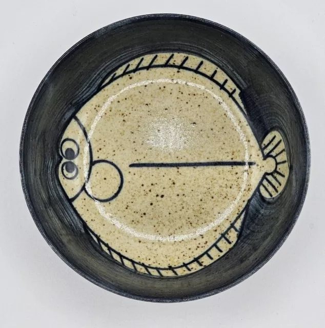 Art Pottery Ceramic Trinket Bowl Fish with Speckled Tan Glaze & Blue Accents 