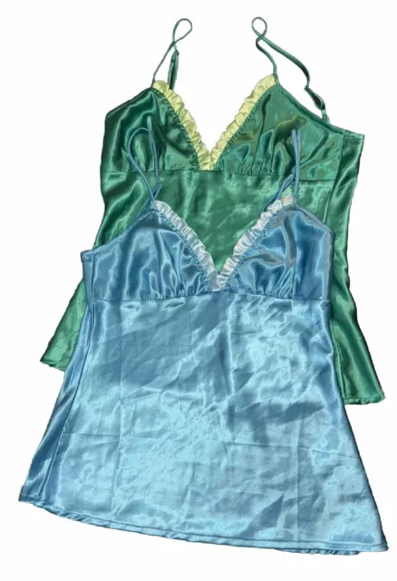 Lot Of 2 Ruby Sly Silk Chemise Blue Green Womens M Ruffle Lingerie Tops