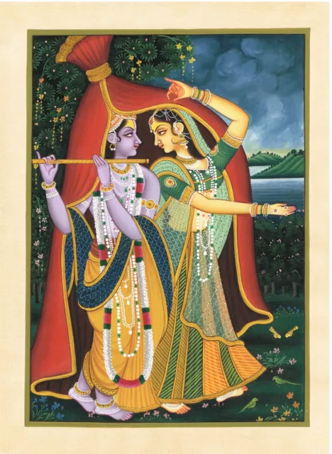 Radha Krishna Painting Of Love Scene Indian Folk Art On Silk Cloth 12x16 Inches