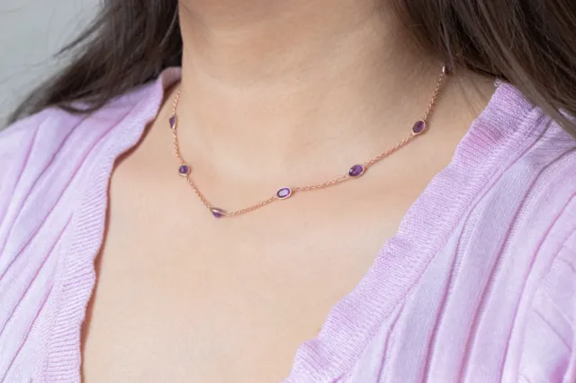 Natural Purple Amethyst Gemstone 925 Sterling Silver Handmade Station Necklace