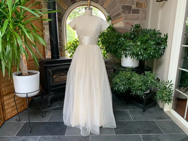 Vintage 1950s Ivory Tulle and Satin Wedding Dress, Fifties Tulle Wedding Gown