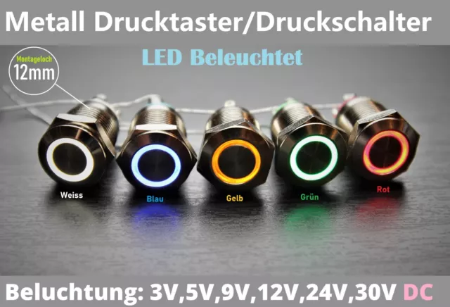 14mm Metall-Drucktaster/Schalter 12V LED-Ringbeleuchtung