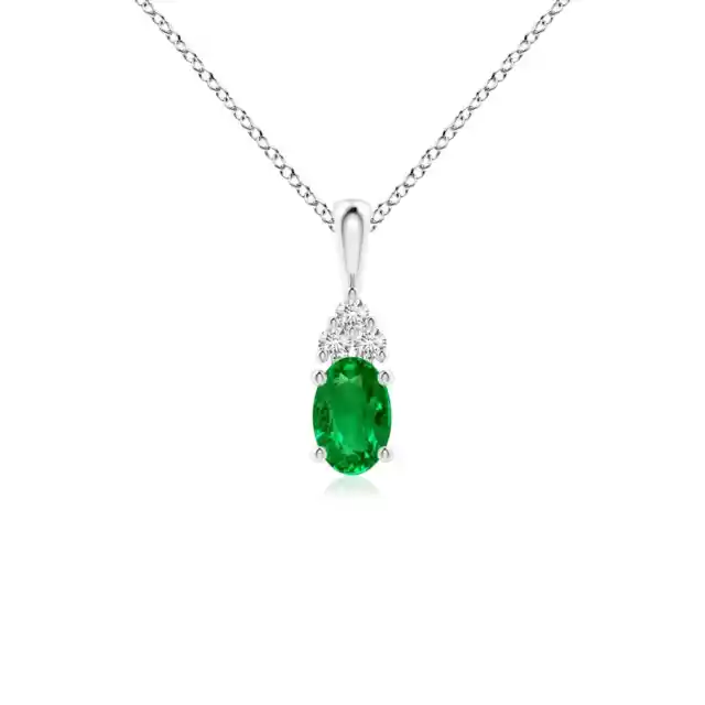 ANGARA 6x4mm Natural Emerald Solitaire Pendant with Diamond in Silver for Women