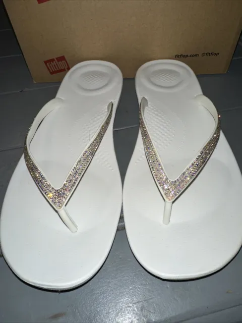 FitFlop iqushion Sparkle White Women's Flip Flop Thong Sandals R08-194 Size 9