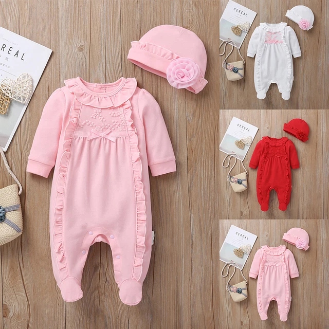 Newborn Baby Girls 2Pcs Outfits Ruffle Romper Jumpsuit Hat Clothes Set Bodysuit