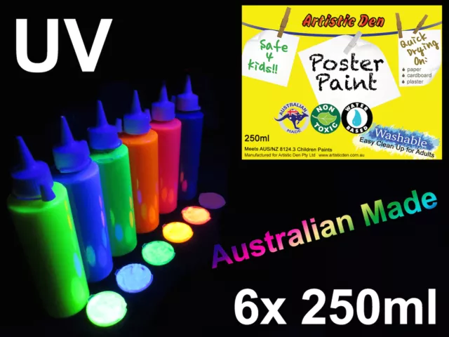 UV  Glow Kids Paint Set Glow Party Paint Glow School Paints 6 X 250ml