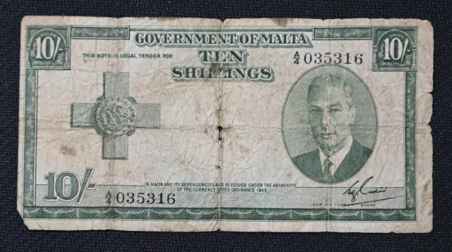 1951 Malta 10 Shillings George VI P#21