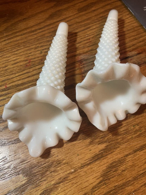 Vintage 6" Fenton Hobnail Two Horns Milk Glass Vase For Epergne Centerpiece