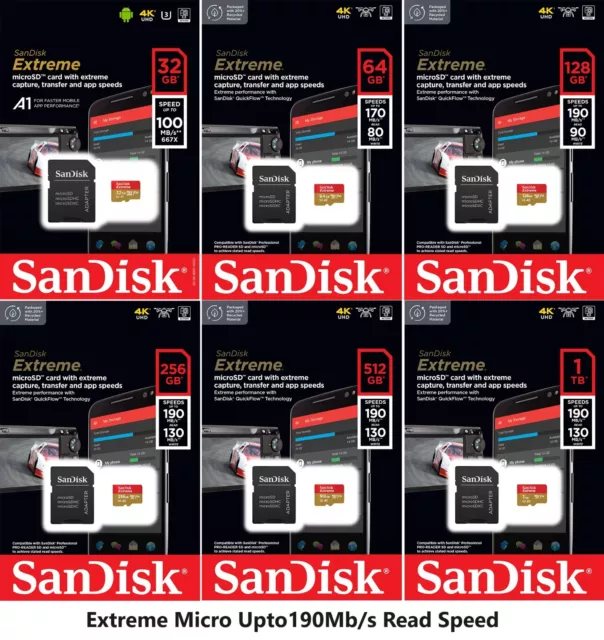 Sandisk Extreme micro SD Memory Card - 64GB to 1TB Capacity - V30 UHS-I U3 A2