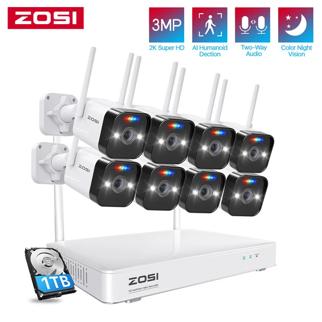 ZOSI 3MP Mesh WLAN Überwachungskamera Set Außen Tonaufnahme Weiß Licht Sirene 1T