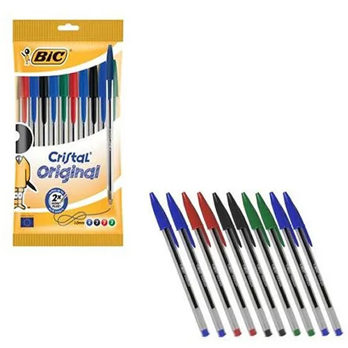 Pack de 12 boligrafos bic (4 azules+ 4 negros+ 4 rojos) sin blister