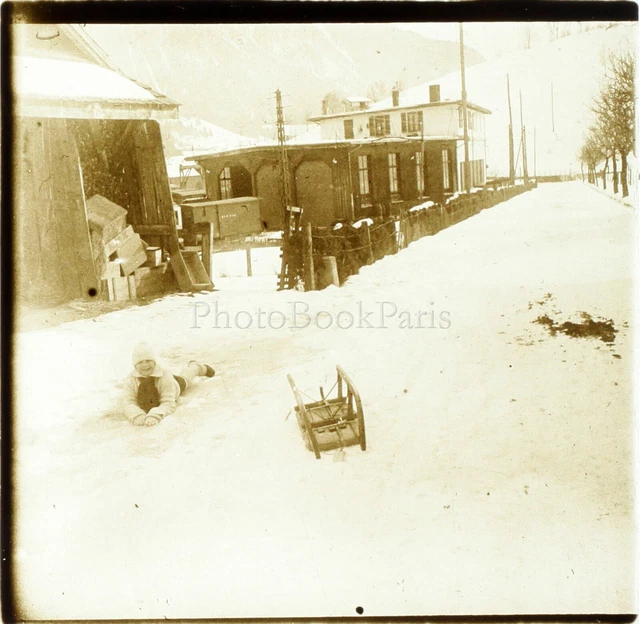 FRANCE Alpes Montagne Vacances Luge Enfant, Photo Stereo Plaque Verre VR3L10