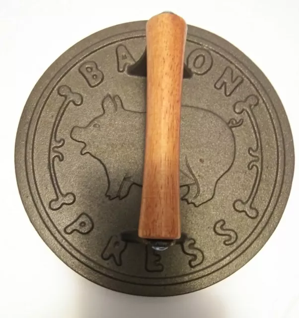 Cast Iron Grill Press Heavy Duty Bacon Press with Wood Handle 8 1/2" Round VGC