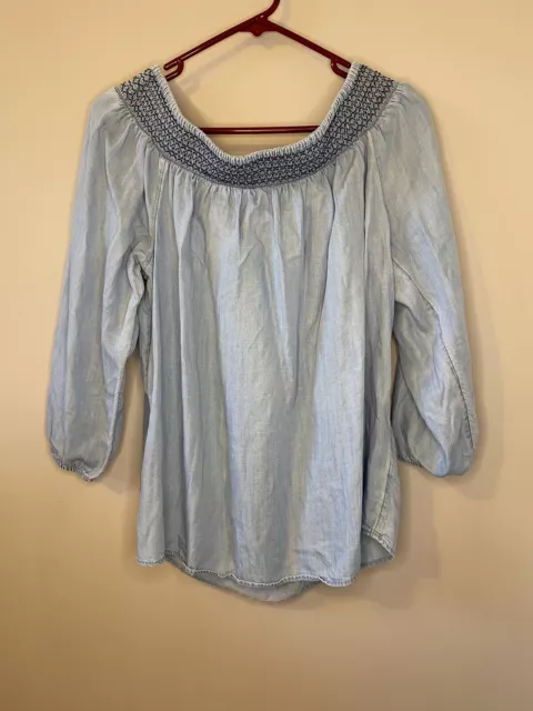 GAP Women's Size MEDIUM Light Wash Chambray Off the Shoulder Blouse Top Shirt