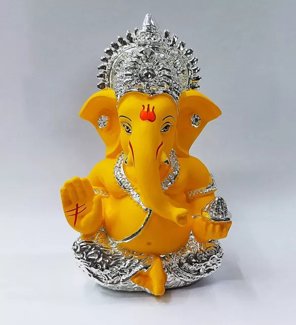 Indian traditional Silver Plated yellow Ganesha for Car Dashboard 3.5  inches