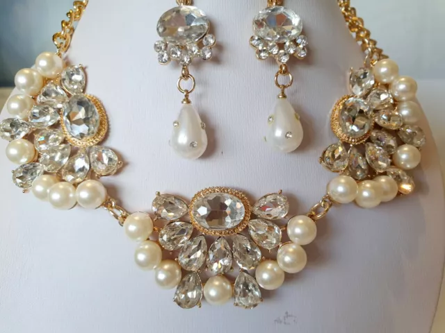 Pearl & Clear Diamante crystal Necklace & earrings set wedding prom new set d 2