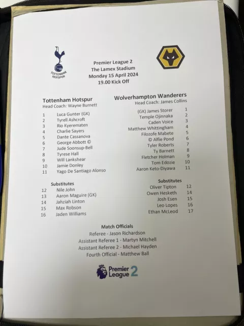 TOTTENHAM HOTSPUR U21 v Wolverhampton Wanderers U21 PL 2 Teamsheet 15 April 2024