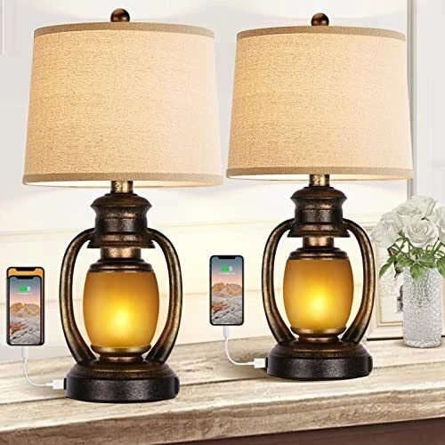 Hamucd Farmhouse Bedside Table Lamps for Living Room Set of 2 Oatmeal Tapered...