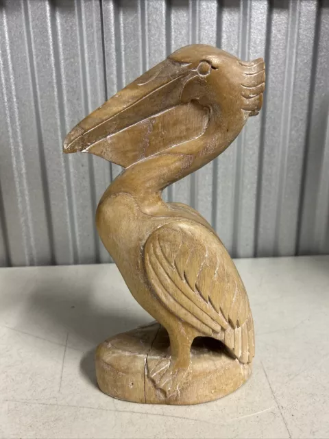 Vintage Hand Carved Wooden Pelican 14” Coastal Nautical Decor