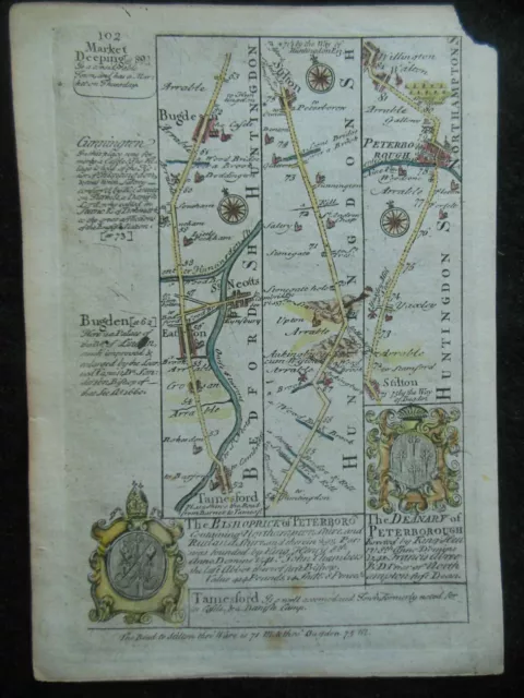 PETERBOROUGH & THAMESFORD - Original c1720 Antique Owen & Bowen Road Map, Hunts