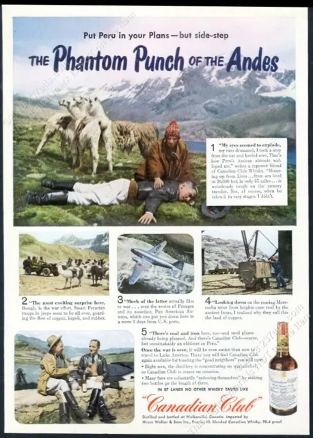 1944 Peru llama herd Pan Am plane art Canadian Club whisky vintage print ad