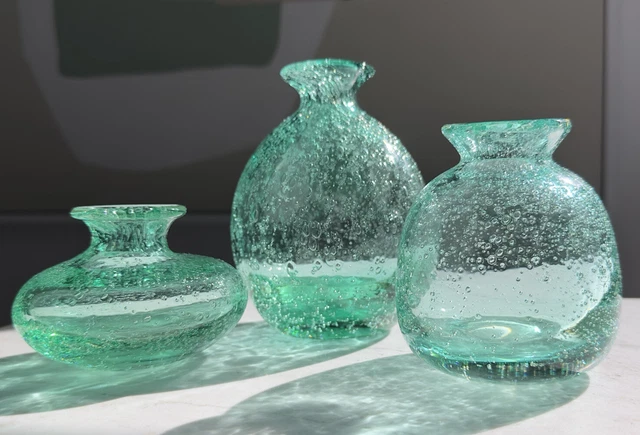 Retired Crate & Barrel Mae Green Bubble Glass Hand Blown 3 Vases