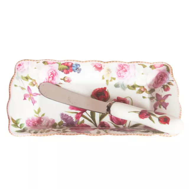 Rose and Tulip Butter Dish w Knife Flower Fine Bone China w Gift Box