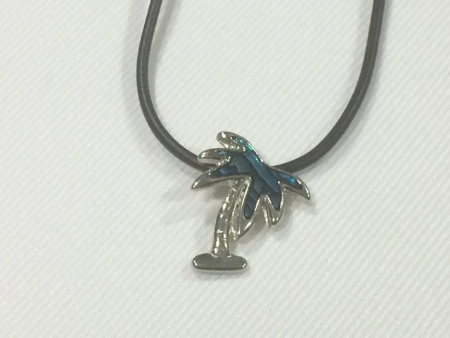 Natural Abalone Paua Shell Palm Tree Pendant Necklace Black Cord Tropical Beach