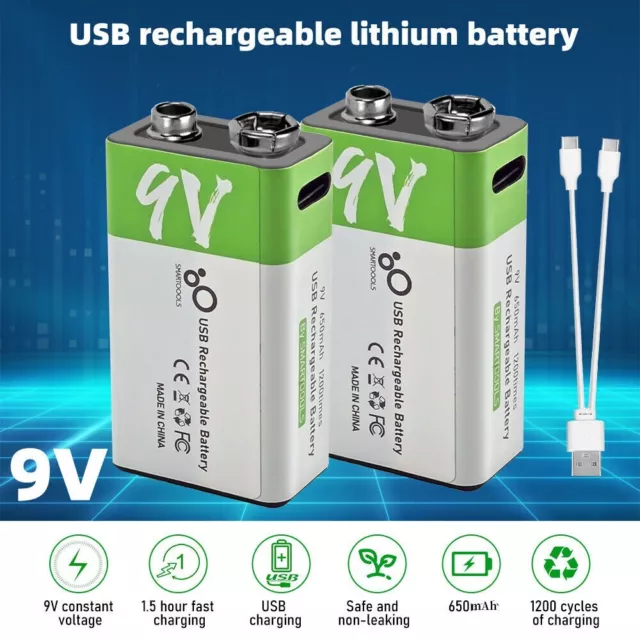 Lot 9V Rechargeable Batteries USB Lithium ion 1.5V Fast Charger Type C Cable New