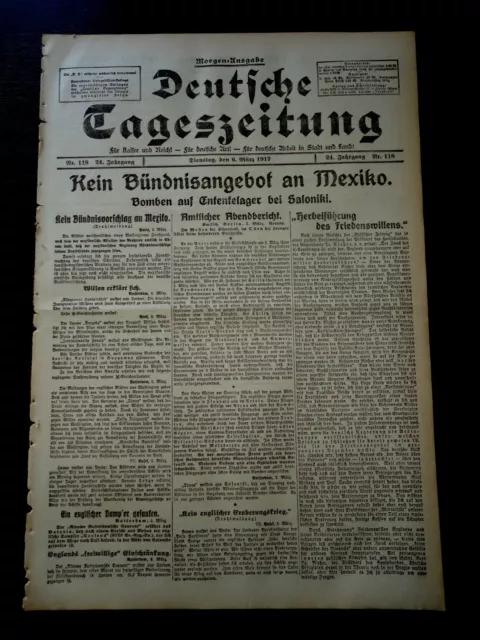 1917 Deutsche Tageszeitung Kein Bündnisvorschlag an Mexiko Bomben bei Saloniki 2