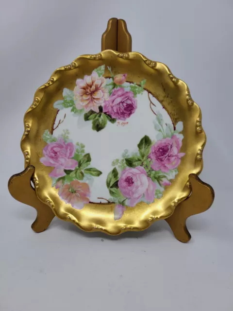 Coiffe Blank Limoges Signed Pink Roses Heavy Gold 8 1/2" Plate