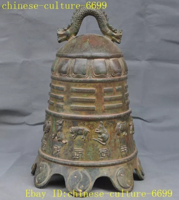 Ancient China bronze ware dragon 12 Zodiac signs statue Bell Chung chimes clock