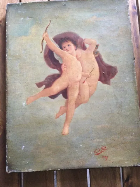 peinture ancienne huile sur toile angelots  Dates 1887 Signé?   32,5 X 24,5cm