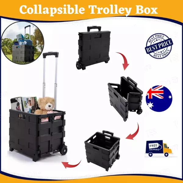 Grocery Basket Foldable Shopping Cart Trolley Pack & Roll Folding Crate Portable