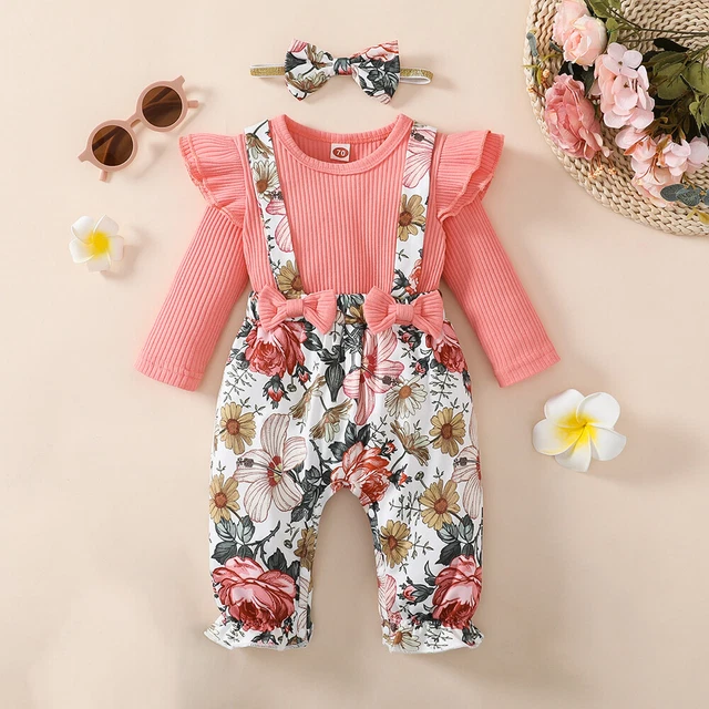 Newborn Baby Girls Floral Ruffle Tops Pants Clothes Set Jumpsuit Romper Outfits 3