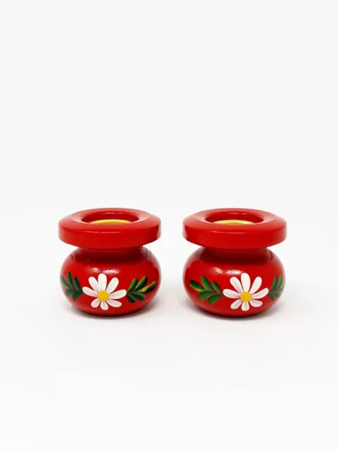 Swedish Folk Art Candle Holders Set Of Two Red With Flower Hand Painted Vintage